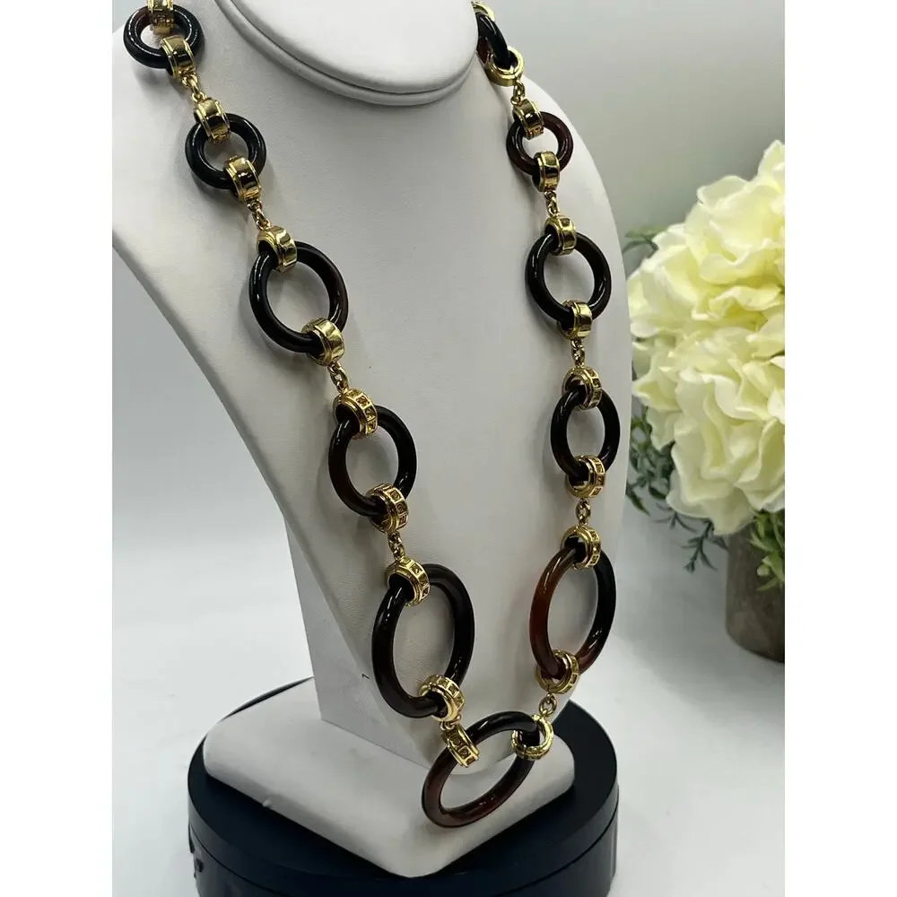 Kate Spade Faux Tortoise Shell Circle Gold Tone Links yellow rhinestone Necklace